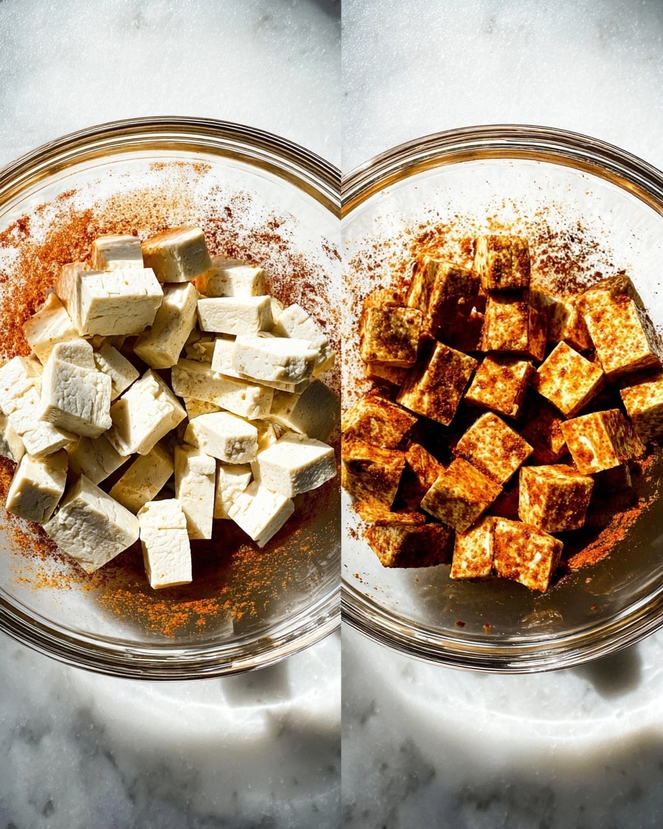 The image shows two clear glass bowls placed on a white marbled surface, both filled with sliced tofu pieces. In the left bowl, the tofu pieces are plain white, stacked loosely on top of a layer of reddish-brown spice powder spread unevenly at the bottom. In the right bowl, the tofu pieces are evenly coated in the same reddish-brown spice, making them look darker and well-seasoned. The bowls catch bright natural light, creating sharp shadows and highlights. photo taken with an iphone --ar 4:5 --v 7