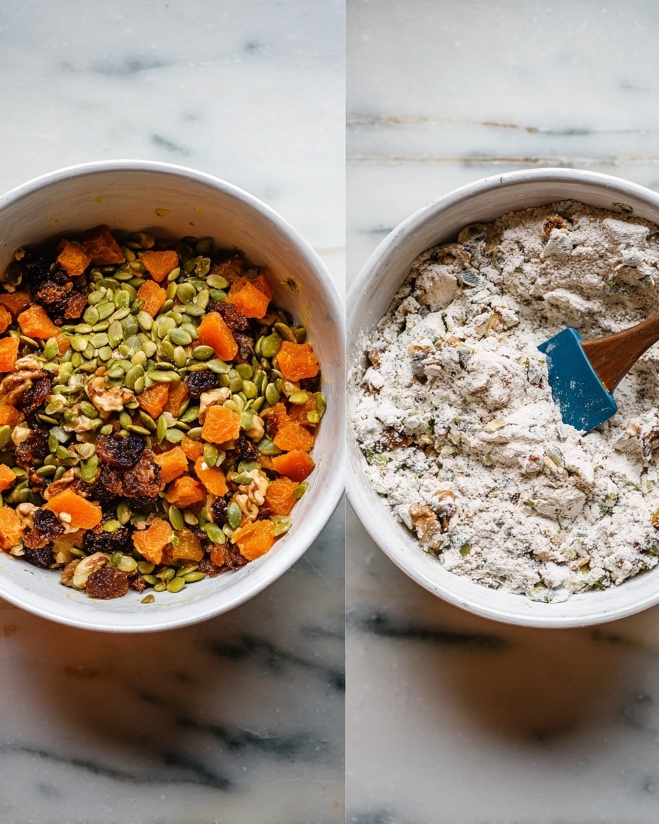 The image shows two white bowls on a white marbled surface, each containing different layers of ingredients. The first bowl has a layer of green pumpkin seeds and nuts at the bottom, topped with bright orange chopped dried apricots and dark brown dried figs pieces, all mixed together. The second bowl contains a powdery layer of flour mixed with nuts and seeds, with a blue spatula partially resting in it on the right side. The contrast between the colorful dried fruits and seeds in the first bowl and the floury mix in the second bowl stands out clearly. photo taken with an iphone --ar 4:5 --v 7