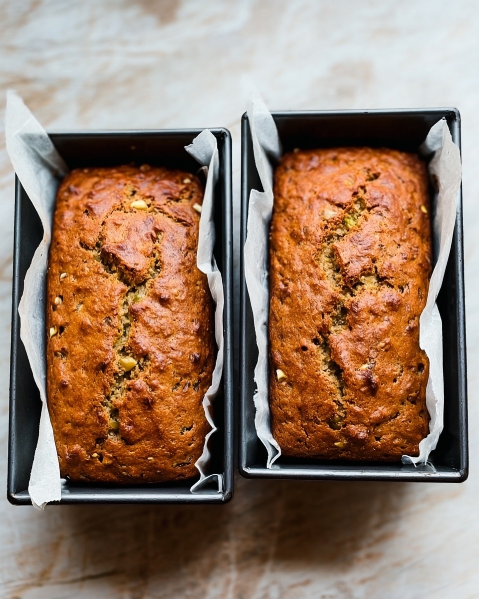 Two golden brown rectangular loaves of bread are shown in black loaf pans, each lined with white parchment paper that slightly crinkles around the edges. The bread's top surface looks rough with small cracks and bits of nuts or fruit pieces visible, giving a textured and homemade feel. The pans rest side by side on a white marbled surface with subtle light and shadow adding depth. photo taken with an iphone --ar 4:5 --v 7
