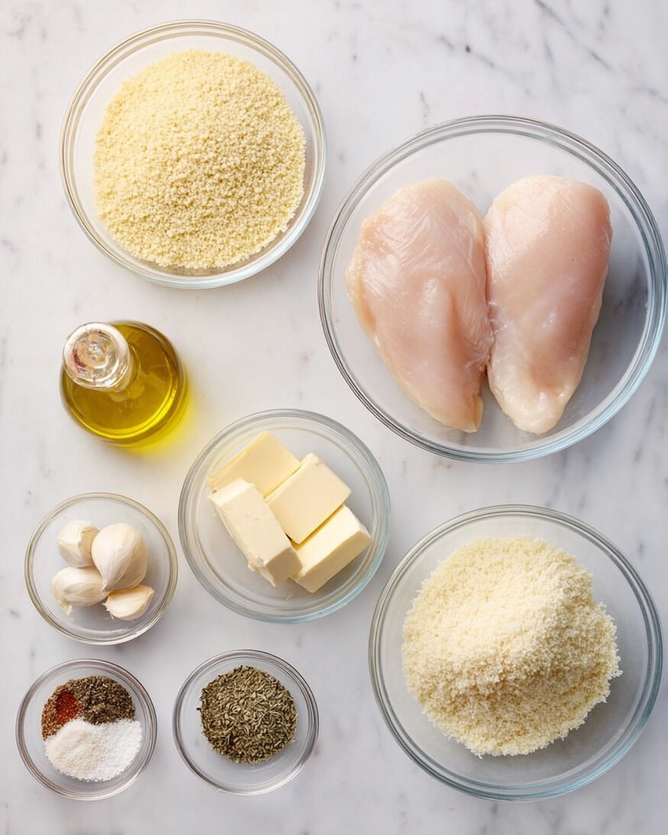 A white marbled surface holds eight clear glass bowls of different sizes arranged neatly with ingredients for cooking. On the far right, a large glass bowl contains two raw pale pink chicken breasts with a smooth texture. To its left, a bowl of light yellow breadcrumbs with a slightly coarse texture. Above it, another bowl filled with finely grated pale yellow cheese. Below these bowls, a smaller bowl holds fine, pale breadcrumbs. To the left of the cheese bowl, a small bowl has two sticks of softened pale yellow butter. Above that, a small bottle of golden olive oil with a stopper is placed. Below the butter, a bowl contains three garlic cloves, off-white with a smooth texture. Lastly, the bottom left small bowl holds mixed spices: white salt, black pepper, and a mix of dried herbs in greenish-brown shades. photo taken with an iphone --ar 4:5 --v 7