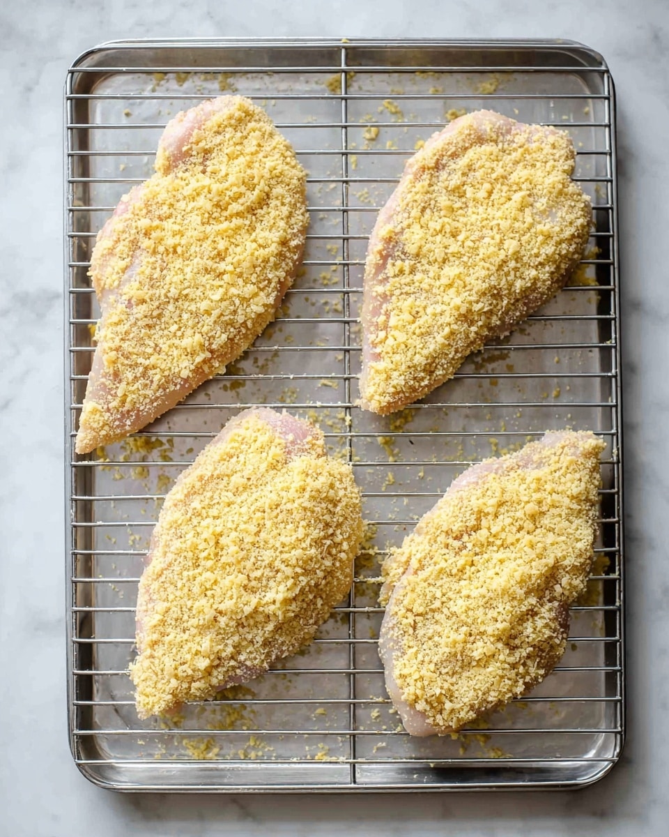 Four raw chicken pieces lay on a silver metal wire rack. Each piece is covered with a crumbly, pale yellow coating that looks like a mix of crumbs and cheese, spread evenly on top. The wire rack is placed on a white marbled surface. The scene looks prepared for baking or cooking. photo taken with an iphone --ar 4:5 --v 7