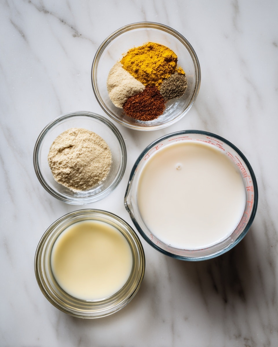 The image shows four clear glass bowls placed on a white marbled surface. The largest bowl on the right is a measuring cup filled with a smooth, white liquid. Above it, a small bowl contains four different spices in separate small piles: bright yellow, light beige, dark brown, and grayish colors. To the left, there is one medium bowl with a pale yellow liquid and a smaller bowl below it with a transparent liquid that has a slight yellow tint. The bowls are evenly spaced, and the glass bowls reveal the colors and textures inside clearly. Photo taken with an iphone --ar 4:5 --v 7