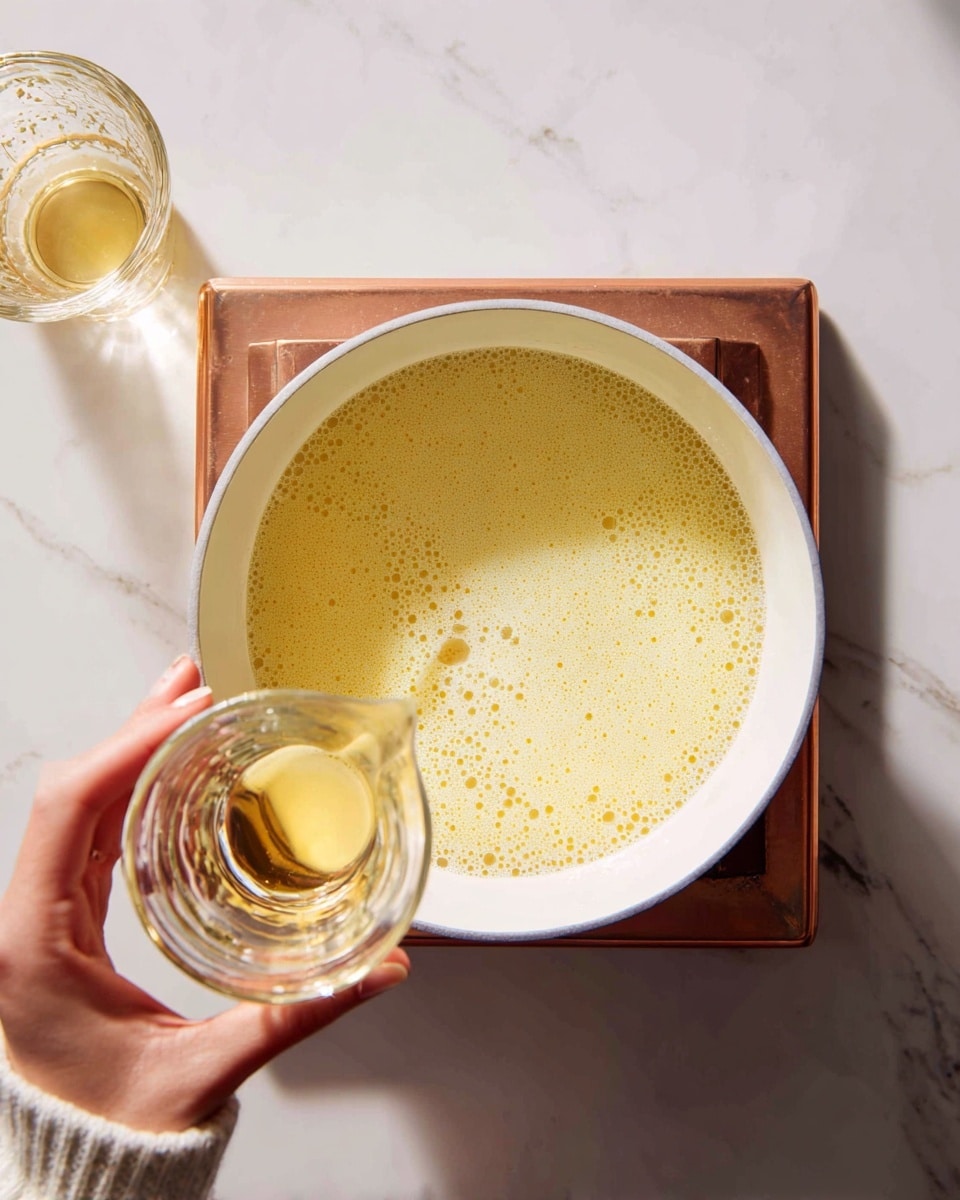 A close-up top view of a white pot with a creamy yellow liquid inside, showing small bubbles on the surface. A woman's hand is holding a small clear glass cup pouring a lighter yellow liquid into the pot. The pot is on a copper square stove burner, placed on a white marbled surface. The scene has bright, natural lighting and soft shadows. photo taken with an iphone --ar 4:5 --v 7