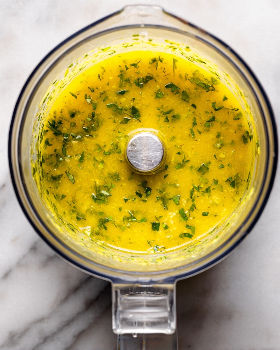 A clear blender container filled with a bright yellow sauce featuring small green herb pieces spread evenly throughout. The sauce layers the inner sides of the blender, with the silver blade visible in the center. The blender has a clear handle on the side, and the background shows a white marbled surface. photo taken with an iphone --ar 4:5 --v 7