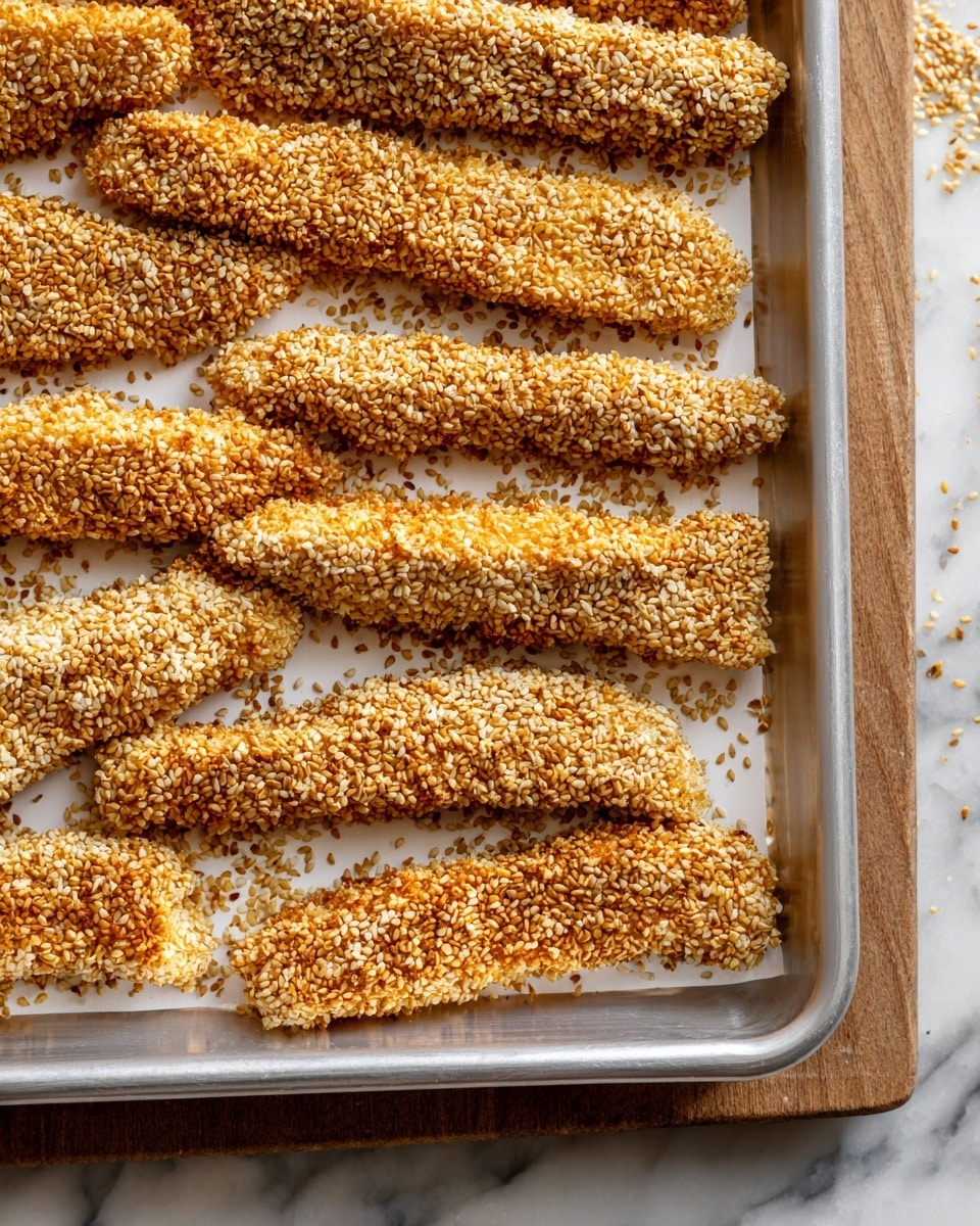 A close-up top view of a baking tray filled with pieces of raw chicken coated evenly with a layer of golden sesame seeds. Each piece is long, thin, and covered fully with small, textured, light brown sesame seeds, arranged neatly in rows. The tray is placed on a white marbled surface with a small wooden area visible on the right side. Some loose sesame seeds are scattered around the tray edges, adding a rustic touch. The tray is silver with a white interior, and the light highlights the sesame seed texture clearly, showing a crunchy look. photo taken with an iphone --ar 4:5 --v 7