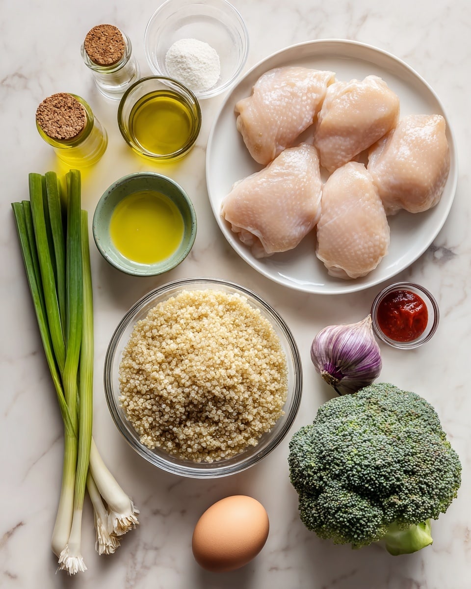 The image shows a white round plate with five pieces of raw chicken, pale pink in color and smooth in texture, placed at the top right. Below it, a glass bowl holds fluffy, beige cooked quinoa filling the bowl fully. To the right of the bowl is a fresh broccoli head, green and textured with leafy florets and a short stem. Below and to the left, three green onion stalks lay diagonally with small purple garlic bulbs next to them. On the bottom left, there is one brown egg in a green egg carton and a small glass bowl with yellow oil. Above, there are three small bowls with white powder, yellow liquid, and red sauce arranged in a neat row. Near the top left, there are three transparent glass bottles with cork lids, containing oil, salt, and spices, all set on a white marbled surface photo taken with an iphone --ar 4:5 --v 7