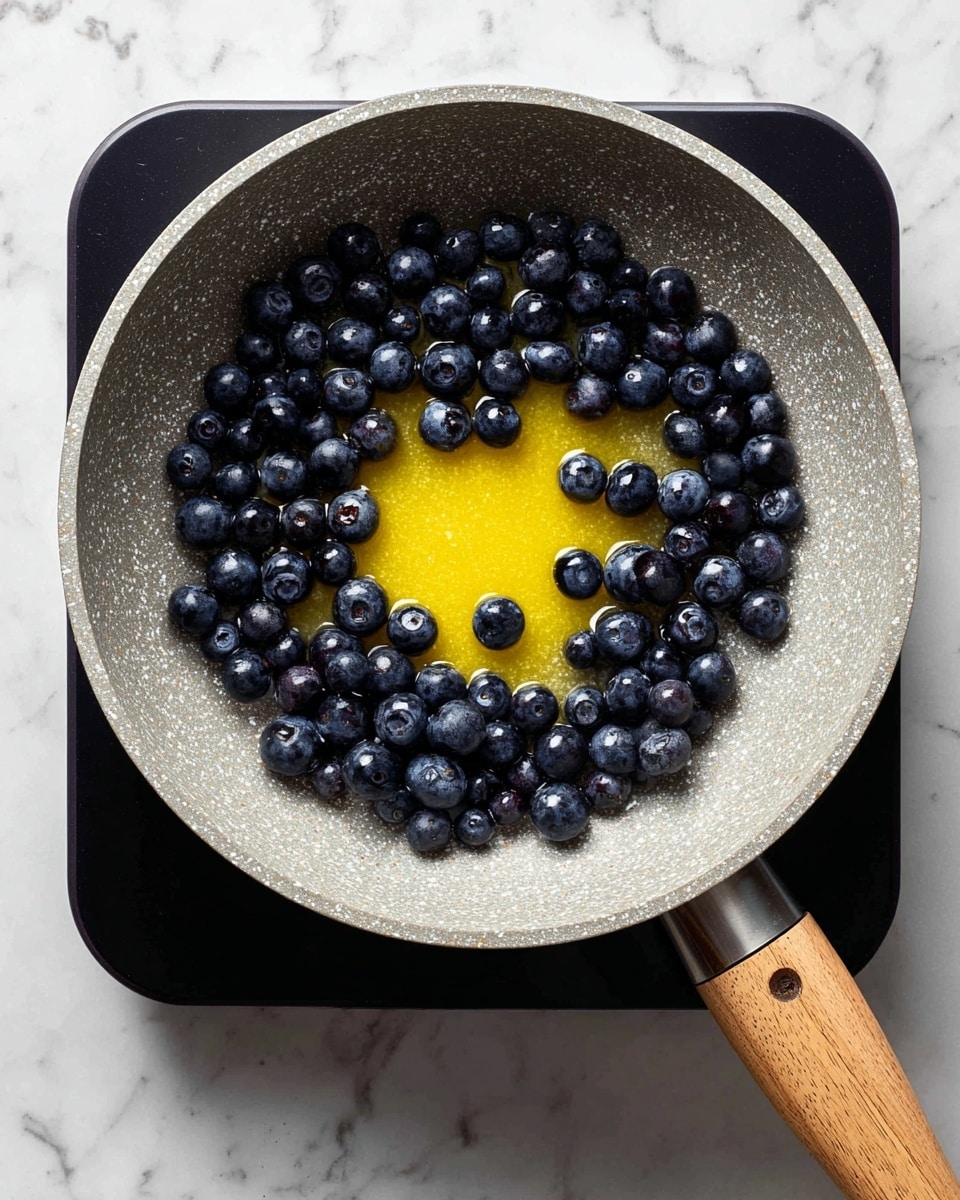 A round cooking pan with a speckled grey surface sits on a black electric stove, filled with fresh whole blueberries scattered around with melted golden butter in the center. The pan has a wooden handle positioned at the bottom right, and the scene is set on a white marbled surface. The blueberries are deep blue and glossy, contrasting with the smooth, shiny butter pool in the middle photo taken with an iphone --ar 4:5 --v 7
