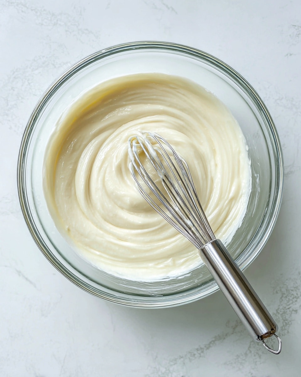 A clear glass bowl filled with a smooth, creamy white mixture, swirled gently showing soft, thick texture in one layer. A shiny metal whisk rests inside the bowl to the right, slightly submerged in the mixture. The bowl sits on a white marbled surface, creating a clean and bright setting. Photo taken with an iphone --ar 4:5 --v 7