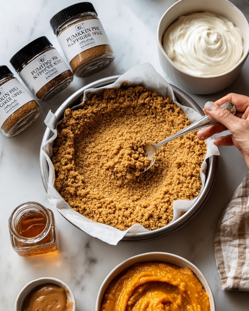 A close-up image shows a thick layer of light brown crumbly mixture spread evenly inside a round metal pan lined with white parchment paper, with a woman's hand holding a spoon in the pan making a small scoop mark. Around the pan, there are two glass spice jars with black lids labeled