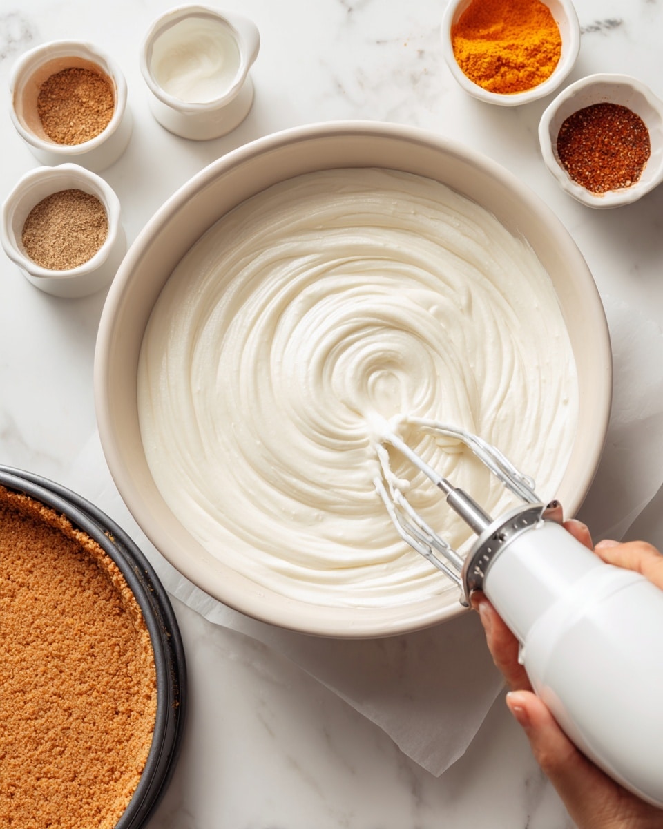 A white bowl filled with smooth, creamy white mixture slightly swirled from being mixed with a white hand mixer with metal beaters, held by a woman's hand. Surrounding the bowl are small white containers with brown powder spices, bright orange puree, and a springform pan with a thick, even layer of light brown crumb crust on white parchment. The scene is set against a white marbled surface photo taken with an iphone --ar 4:5 --v 7