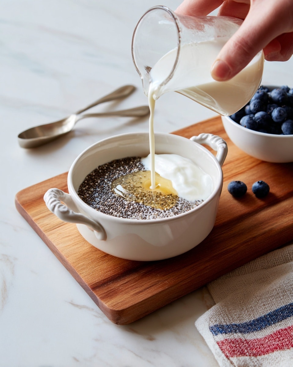 A white bowl with two handles is placed on a wooden cutting board on a white marbled surface. Inside the bowl, there are layers of chia seeds covering most of the bottom, a small area of white creamy yogurt on one side, and a drizzle of golden honey or syrup on top of the yogurt, blending slightly with the seeds. Next to the bowl, there are a few fresh blueberries on the cutting board and a white bowl filled with blueberries in the top right corner. A woman's hand is pouring a white liquid, likely milk, into the bowl from a clear glass jug, adding movement to the scene. A cloth with red and blue stripes is partially visible under the cutting board. Photo taken with an iphone --ar 4:5 --v 7