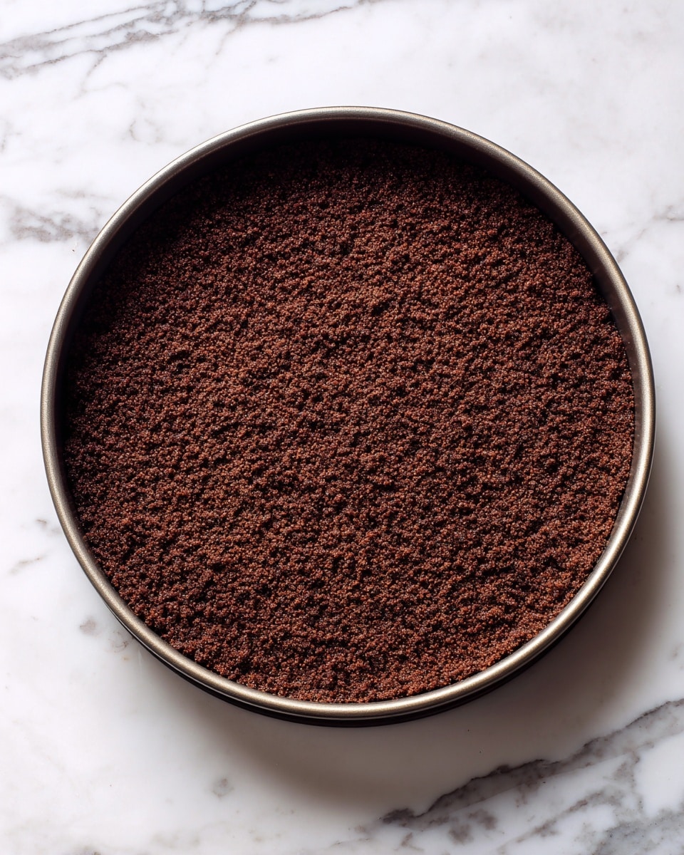 A round pan filled with a single layer of dark brown crumbly crust pressed evenly to cover the bottom and sides of the pan, showing a rough texture throughout. The pan is placed on a white marbled surface. Photo taken with an iphone --ar 4:5 --v 7