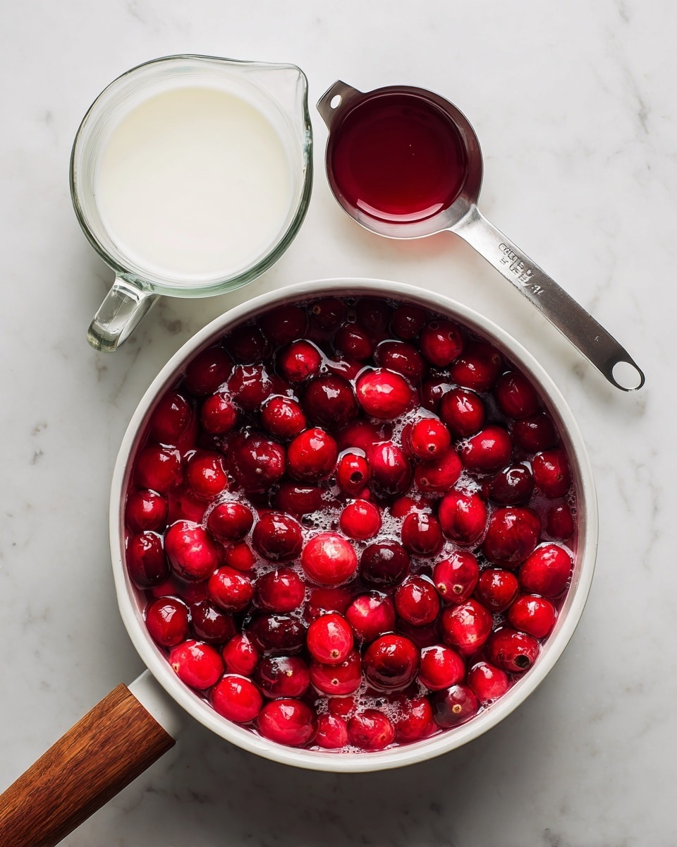 A white pot with a wooden handle is filled with bright red cranberries, some whole and some slightly broken, sitting in a bubbling red liquid. Above it, on a white marbled surface, there is a glass measuring cup filled with white milk and a metal measuring spoon holding a dark red liquid. The scene is simple and focused on the vibrant red of the cranberries against the clean white background. Photo taken with an iphone --ar 4:5 --v 7