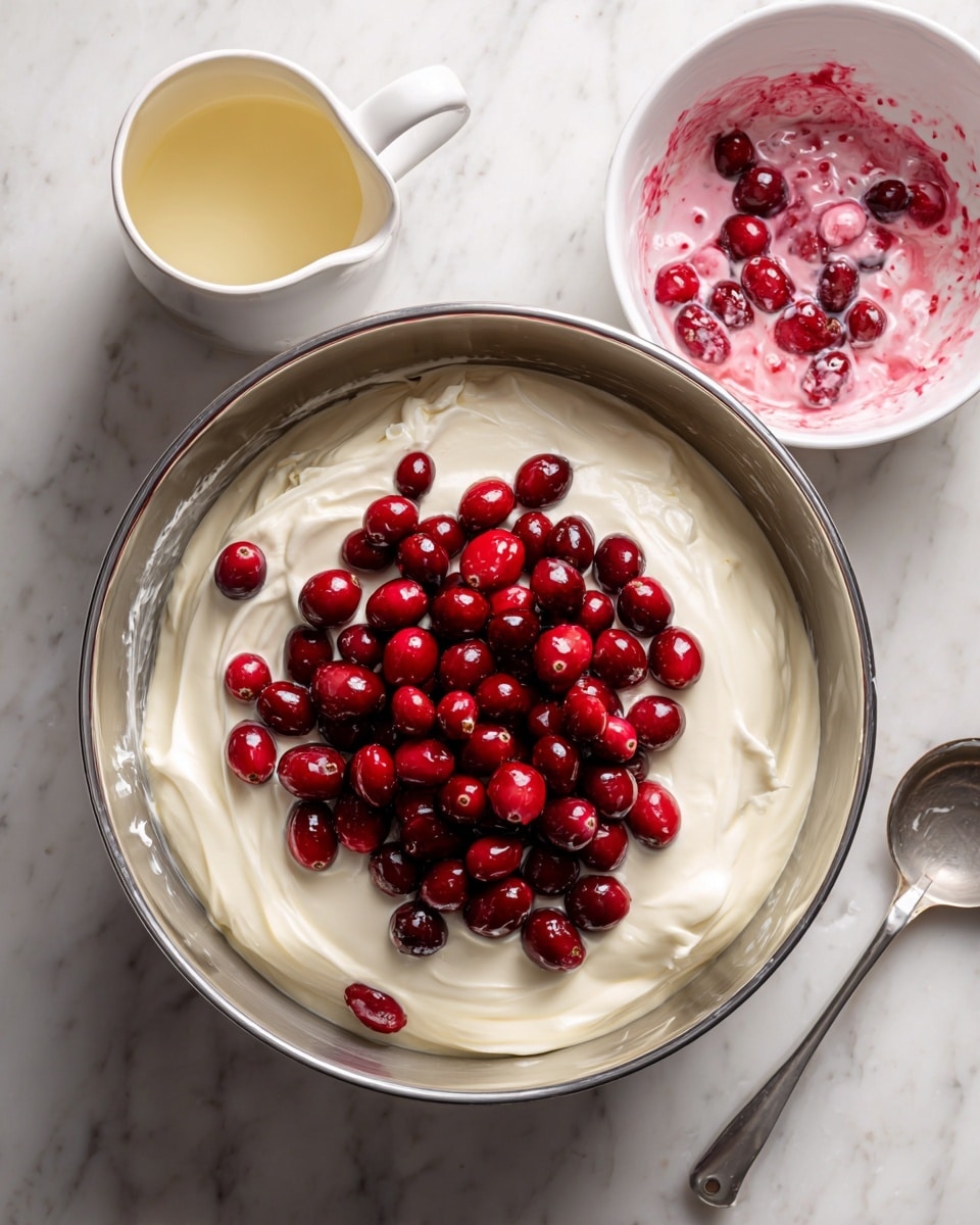 A large metal mixing bowl placed on a white marbled surface contains a thick layer of smooth white whipped cream, topped with a pile of shiny, fresh red cranberries scattered in the center. To the upper right, a white bowl holds a pinkish-red mixture with visible cranberries inside, some sauce splattered slightly on the bowl's edge. Above the mixing bowl to the left, a white pitcher with a pale yellow liquid is visible, next to a metal measuring spoon on the surface. The scene shows the beginning of a dessert preparation, with contrasting creamy white and vibrant red colors. Photo taken with an iphone --ar 4:5 --v 7