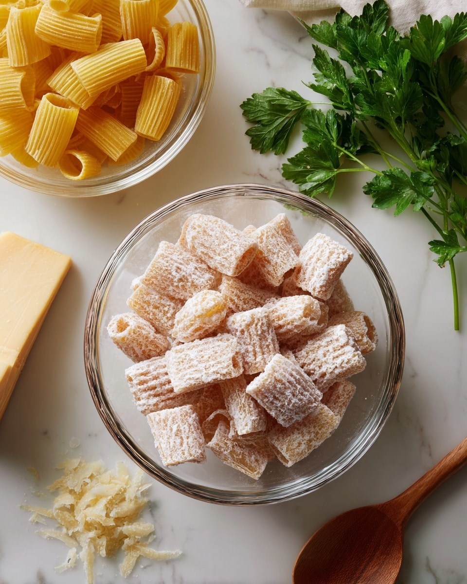 A clear glass bowl sits in the center on a white marbled surface, filled with several pieces of pinkish coated chunks, dusted with a light powdery layer. To the top left, a clear glass bowl contains yellow tube-shaped pasta, with short ridges and smooth texture inside each piece. At the top right, a bunch of fresh green parsley rests partially in the frame. The bottom left shows a wedge of pale yellow cheese. A wooden spoon lies on the bottom right corner, completing the scene. Photo taken with an iphone --ar 4:5 --v 7