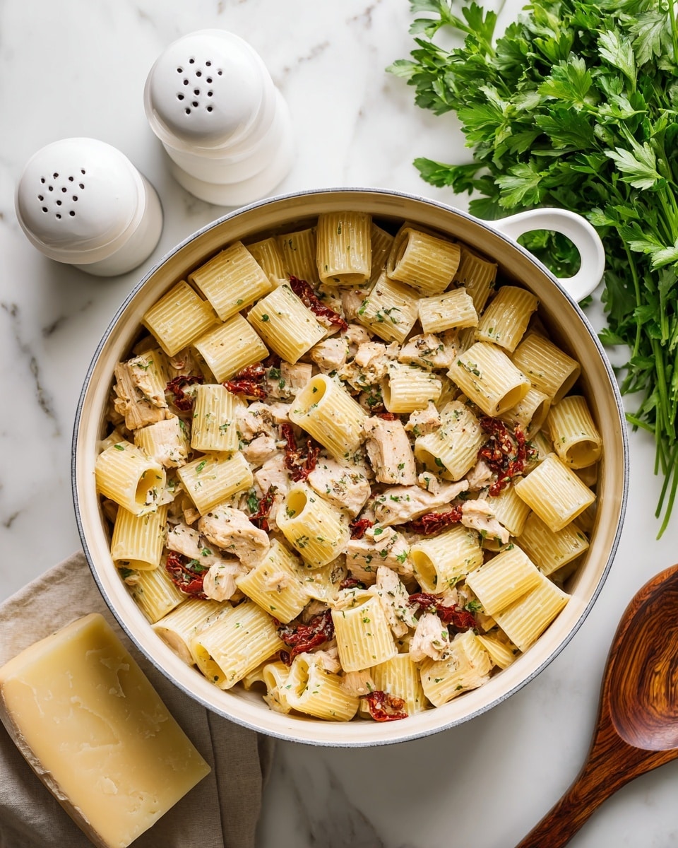 A white round pot filled with two main layers: a base layer of rigatoni pasta in light yellow color with ribbed texture, mixed evenly with small pieces of light brown cooked chicken and bits of red sun-dried tomatoes scattered throughout. The pasta and chicken are coated in a light creamy sauce with specks of black pepper and herbs. The pot is placed on a white marbled surface with a bunch of fresh green parsley on the upper right side, two white salt and pepper shakers on the upper left, and a wooden spoon on the lower right. A wedge of light yellow cheese is on the lower left corner. Photo taken with an iphone --ar 4:5 --v 7