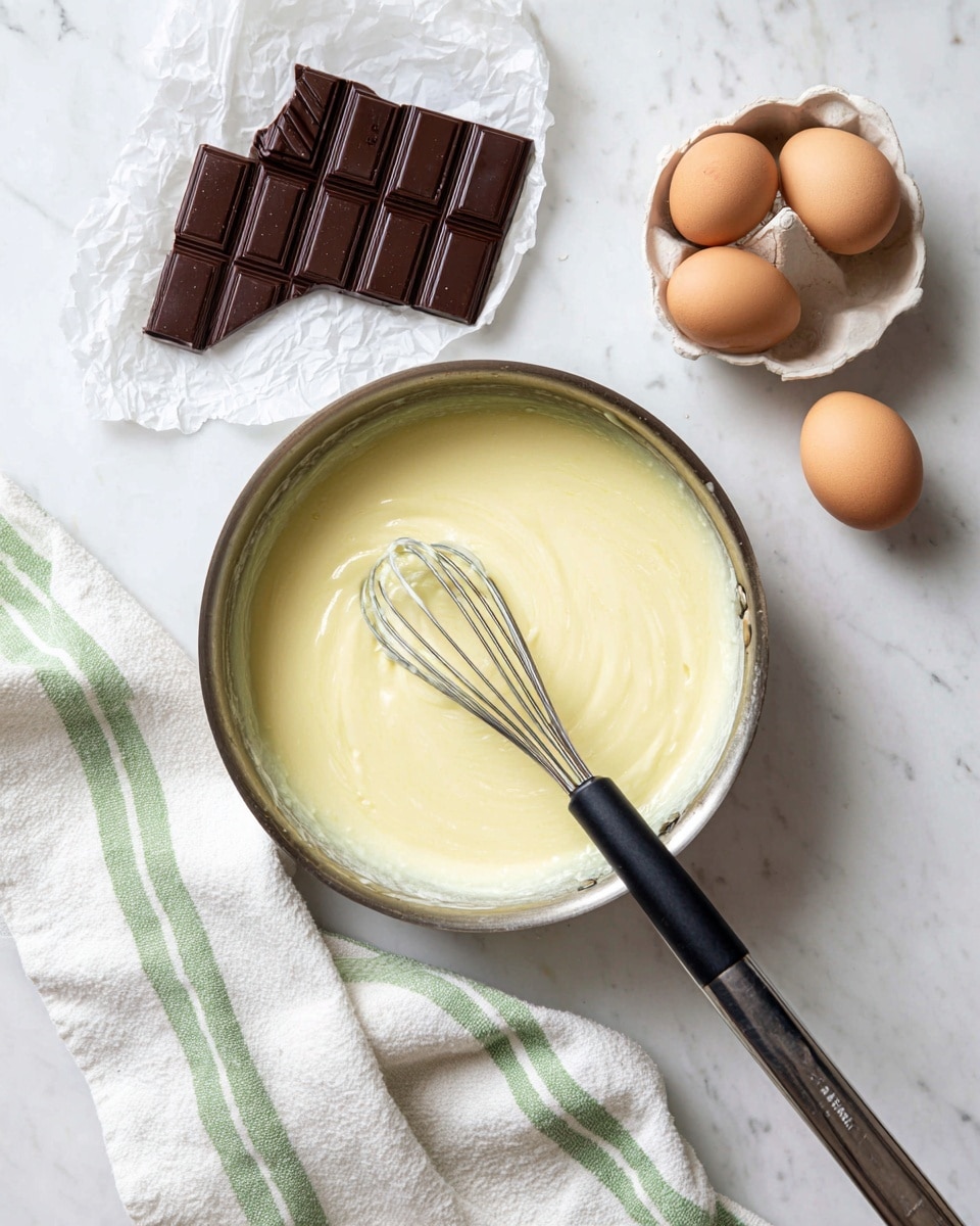 The image shows a metal pan filled with a smooth, creamy light yellow mixture, with a black-handled whisk resting inside, placed on a white marbled surface. To the top left of the pan, there are three dark brown chocolate bars partially unwrapped from crinkled white paper. On the top right, there is a small white container holding seven empty eggshell halves arranged in a circular pattern. At the bottom left, a white kitchen towel with two green stripes lies partially folded on the surface. The whole scene is bright and clean, with soft natural lighting. photo taken with an iphone --ar 4:5 --v 7