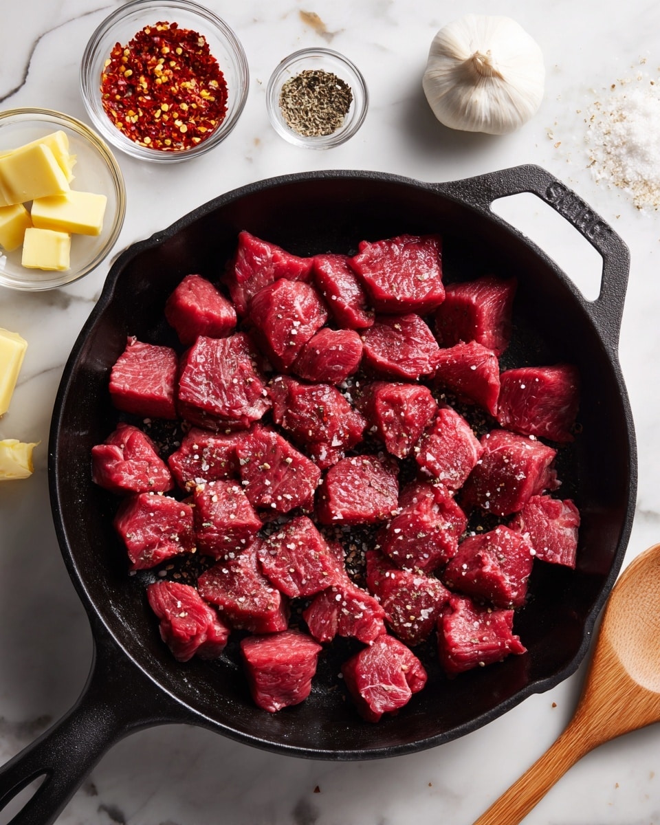 A black cast iron pan is placed on a white marbled surface and filled with many small, raw red beef cubes. The beef pieces have a fresh texture with slight marbling and are sprinkled lightly with coarse salt and black pepper. Surrounding the pan are a small clear bowl of red chili flakes at the top, a whole white garlic bulb to the right, a small clear bowl of yellow butter at the bottom, a small clear bowl with a small amount of white seasoning to the left, and a wooden spoon resting on the white marbled surface near the bottom right. Steam rises lightly from the pan, showing the heat. photo taken with an iphone --ar 4:5 --v 7
