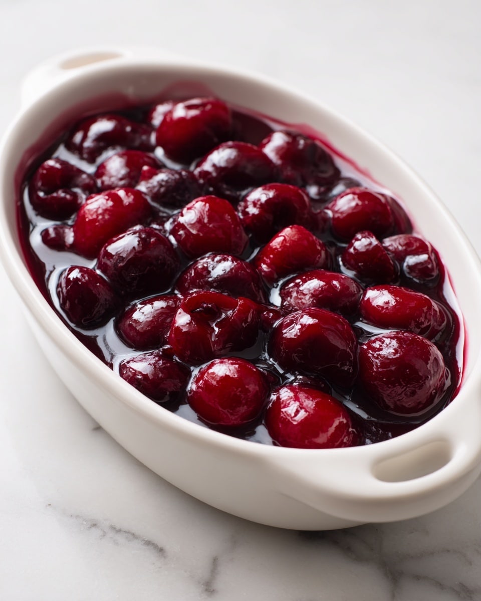 An oval white ceramic dish filled with a glossy, deep red cherry sauce. The sauce has many whole cherries and is thick with a shiny, smooth texture covering the fruit evenly. The dish is placed on a white marbled surface, creating a clean and bright setting. The sauce layers are rich with dark and bright red shades, showing the cherries fully surrounded by the thick syrup photo taken with an iphone --ar 4:5 --v 7