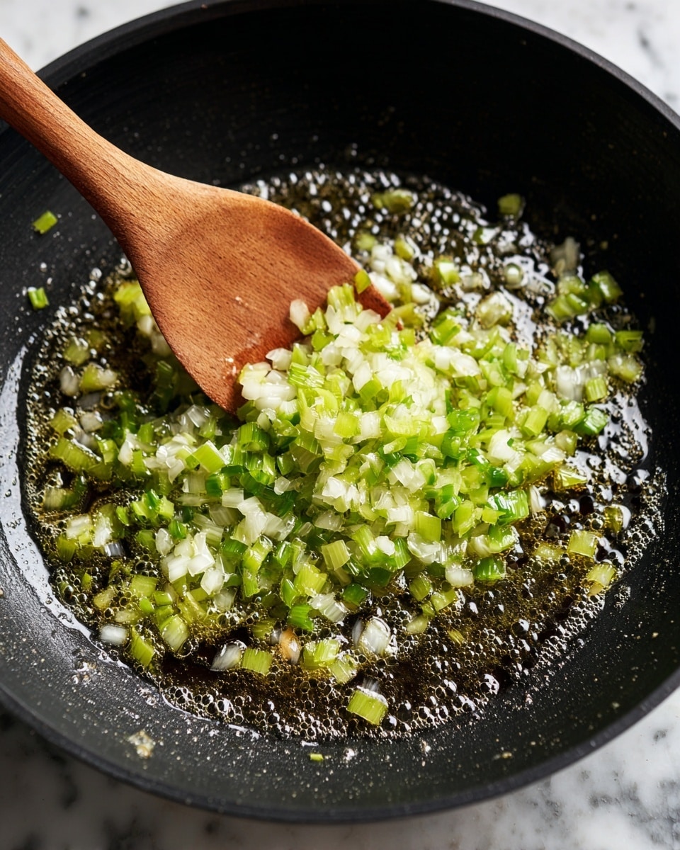 A close-up image shows a black pan with a layer of melted butter forming a shiny, slightly bubbly base. On top, finely chopped green celery and white onion pieces spread mostly in a ring shape with some scattered in the center. A wooden spoon with a smooth, brown texture is actively stirring the vegetables on the right side of the pan. The background is replaced with a white marbled texture. photo taken with an iphone --ar 4:5 --v 7