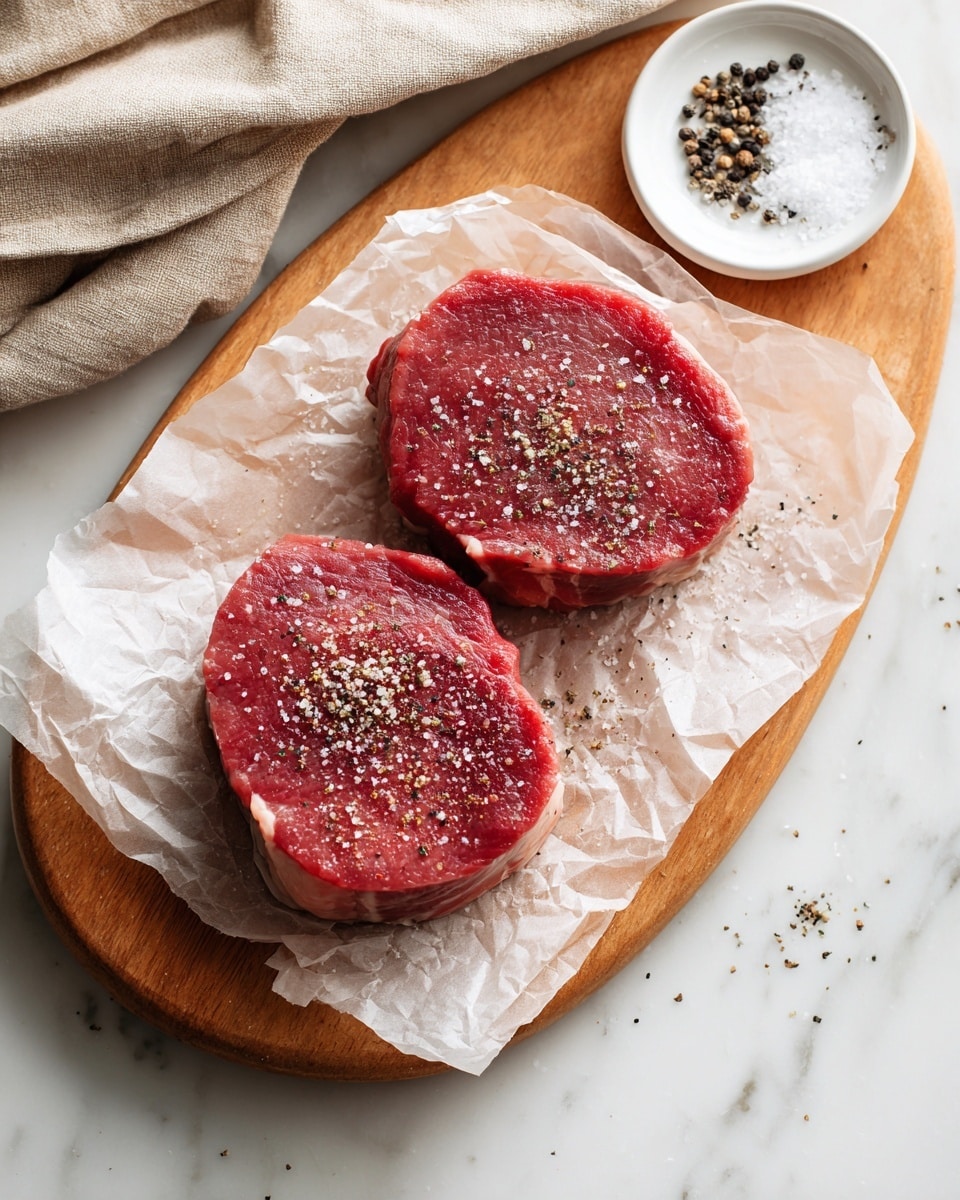 Two round red raw meat pieces with white fat edges are seasoned with coarse salt and black pepper, placed on a translucent crinkled sheet of parchment paper. The parchment paper rests on a light wooden board, all set on a white marbled surface. To the side, there is a white plate holding small piles of salt and black pepper. A beige cloth is partially seen in the upper left corner. Photo taken with an iphone --ar 4:5 --v 7