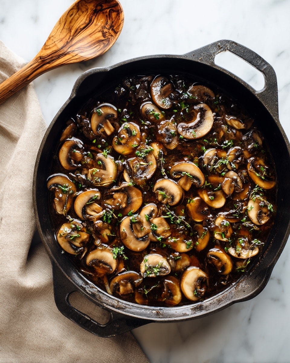 A black cast iron pan filled with a dark brown mushroom sauce with many sliced mushrooms floating on top, showing their light brown and beige interiors and darker brown edges, with small green herb bits scattered throughout the sauce. The pan rests on a white marbled surface, and a wooden spoon with natural light and dark streaks lies nearby. A beige cloth is slightly visible at the top left corner. Photo taken with an iphone --ar 4:5 --v 7
