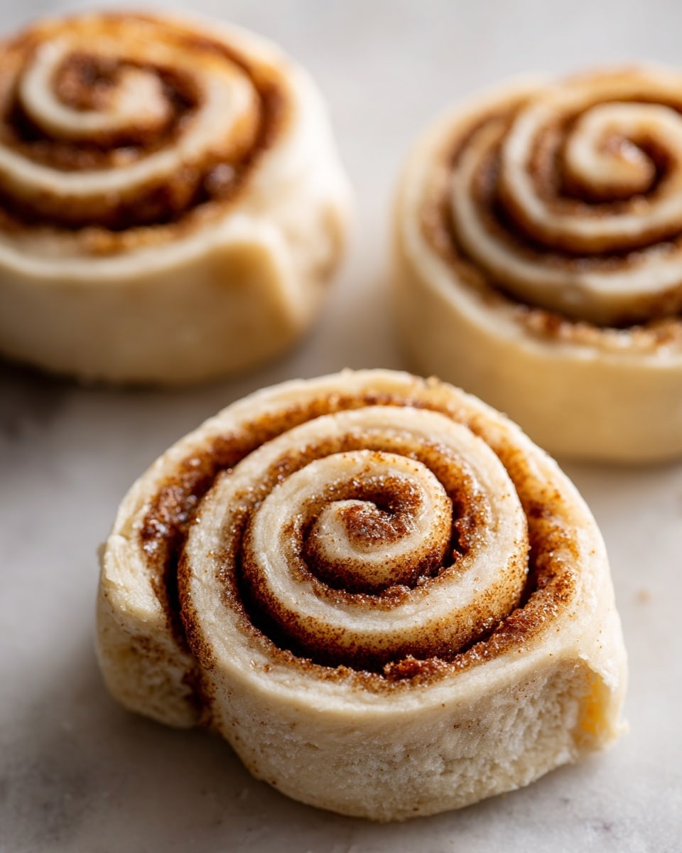 A soft cinnamon roll with light brown icing spread thickly over the top layer, showing swirled dough with a shiny, sticky cinnamon filling inside the roll. The roll is placed on a white plate with textured ridges, and a small piece of the roll is on a fork beside it, revealing the gooey dark cinnamon layer inside. The background has a white marbled texture. Photo taken with an iphone --ar 4:5 --v 7