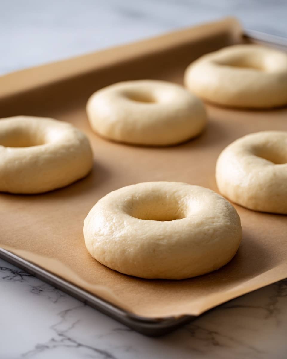 The image shows several plain dough rings placed on sheets of brown parchment paper, which lie on a baking tray. Each dough ring is light beige, smooth, and slightly thick with a hole in the middle, highlighting their soft texture. The parchment paper folds upward behind the dough rings, giving a sense of depth. The baking tray's edges are visible, and the whole setup rests on a white marbled surface, softly lit to emphasize the dough's smoothness and shape. photo taken with an iphone --ar 4:5 --v 7