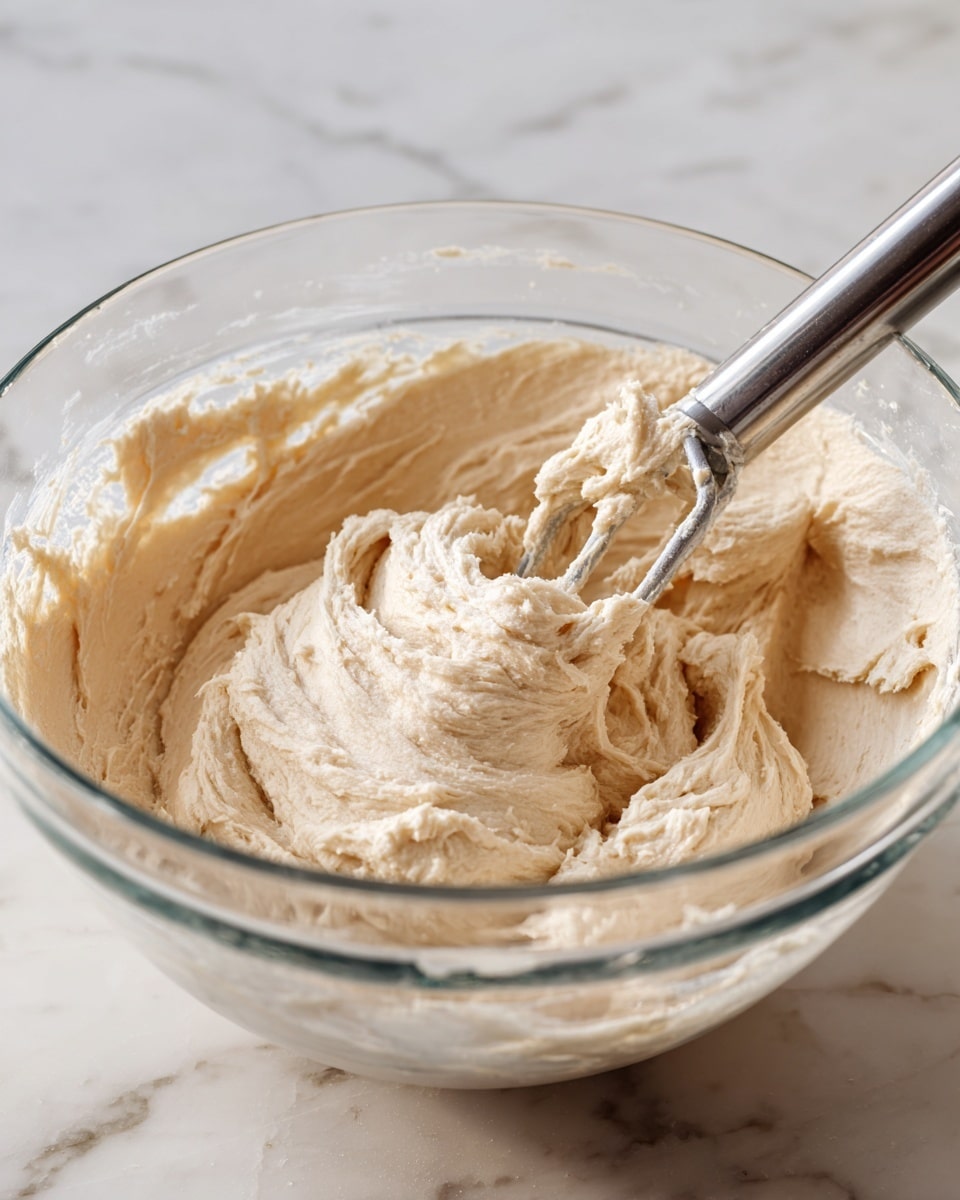 The image shows a shiny metal pot with thick, creamy white sauce inside. The sauce has a smooth, slightly glossy texture and is being swirled in the center by a black whisk with a plastic handle. The pot is held on a surface with a white marbled texture visible around it. There are no layers or other colors, just the single creamy white sauce inside the metal pot with the whisk. Photo taken with an iphone --ar 4:5 --v 7