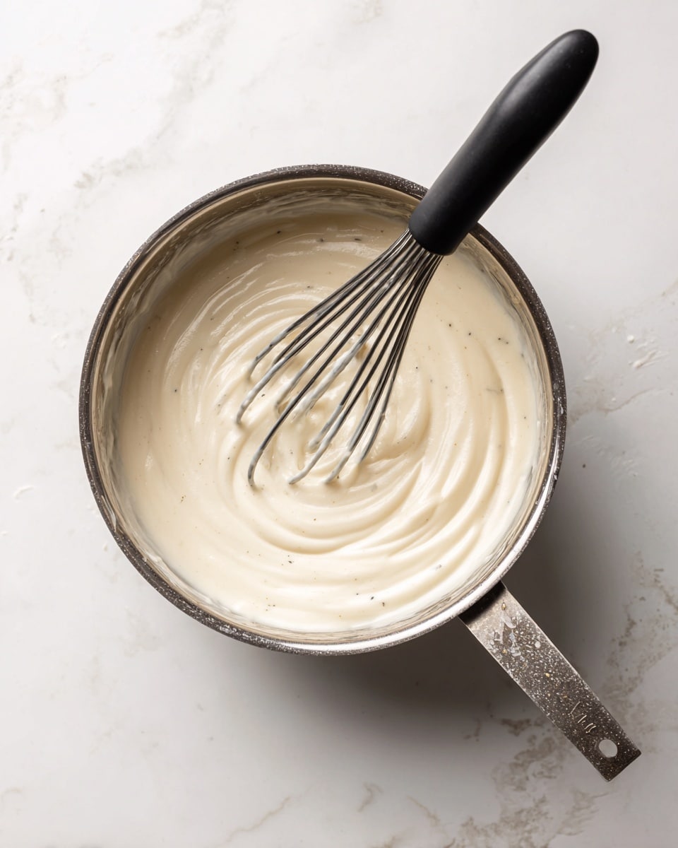 A close-up top view of a small silver pot with a creamy, smooth white sauce inside, thick in texture, swirled in the center. A black whisk with a few bits of sauce clinging to it rests in the pot on the right side. The pot is placed on a white marbled surface. photo taken with an iphone --ar 4:5 --v 7