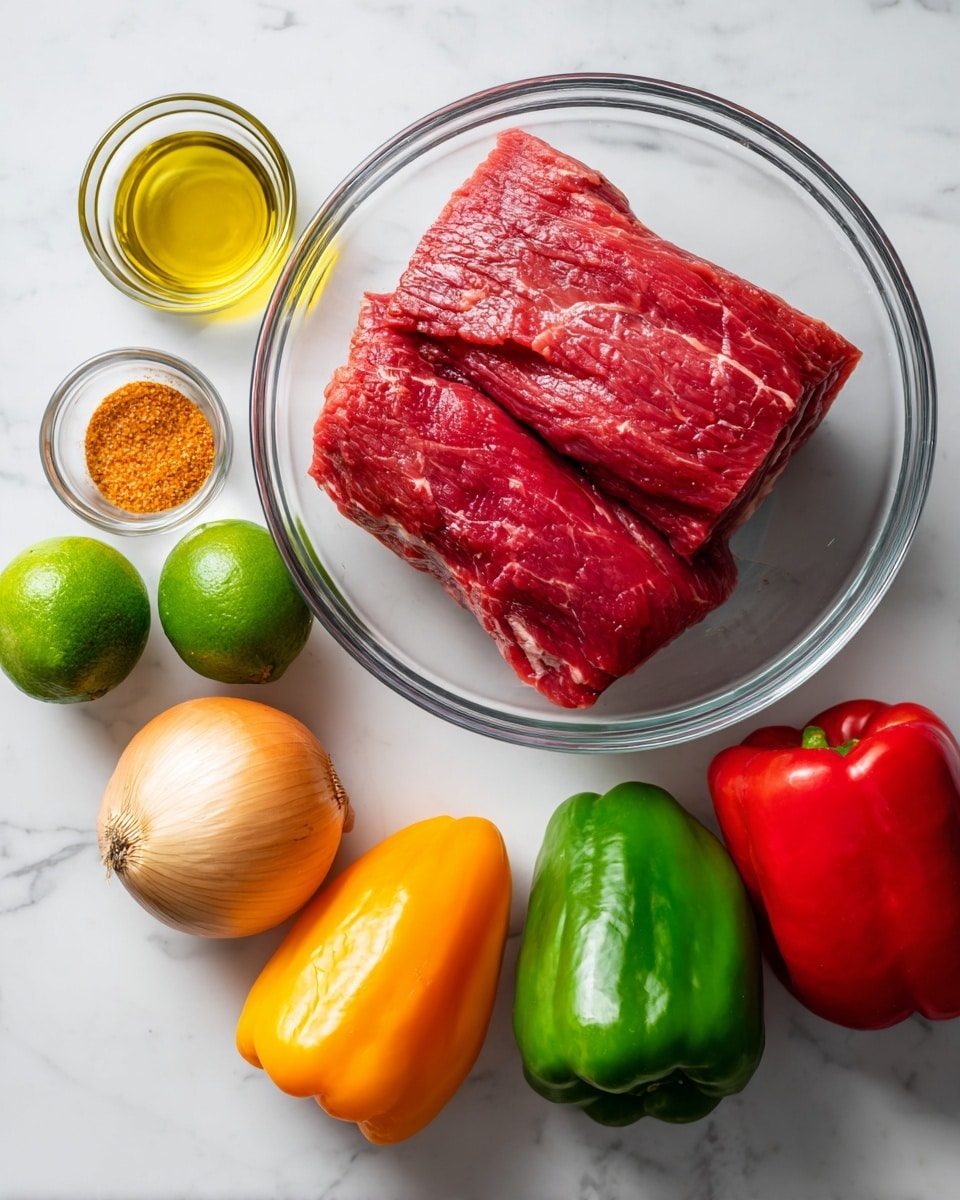 A clear glass bowl with one large piece of raw red beef, showing muscle texture and some slight marbling, sits in the middle on a white marbled surface. Around the bowl, from left to right, there is a small glass container with golden oil, a whole green lime, a whole white onion with a pale skin, and a small glass bowl filled with orange-brown ground spices. To the right of the bowl, there are three bell peppers arranged vertically: green at the top, yellow in the middle, and red at the bottom, each showing smooth shiny skin and natural curves. Photo taken with an iphone --ar 4:5 --v 7