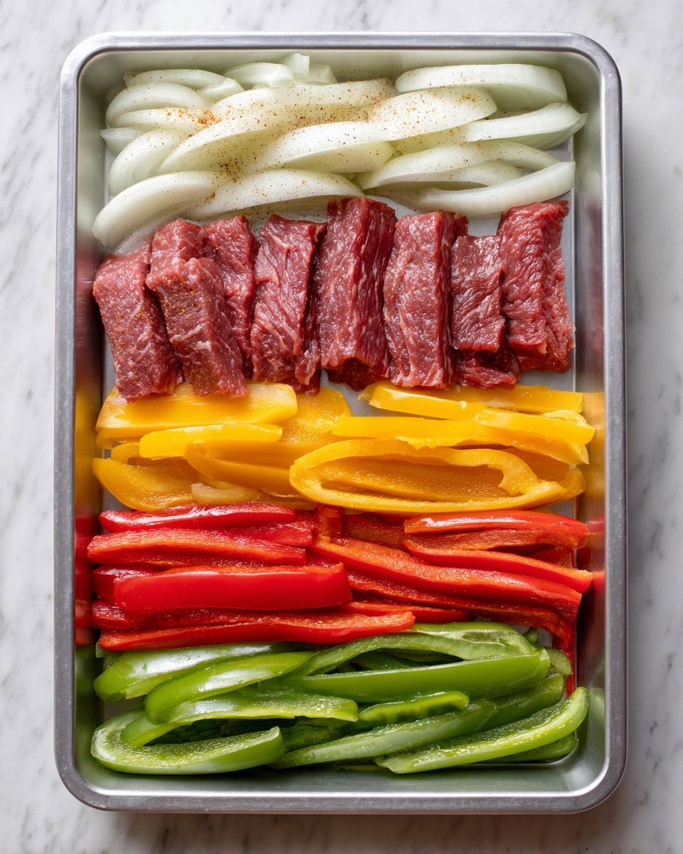 The image shows a rectangular aluminum tray filled with four rows of food arranged side by side. The top row has thin, white onion slices sprinkled with light brown seasoning. Below that, there is a row of raw, thin red meat strips with a moist, slightly glossy texture. The next row contains yellow bell pepper strips with a soft, slightly shiny surface. The bottom two rows consist of green and red bell pepper strips, each row uniform in color and smooth in texture. The tray is placed on a white marbled surface. photo taken with an iphone --ar 4:5 --v 7