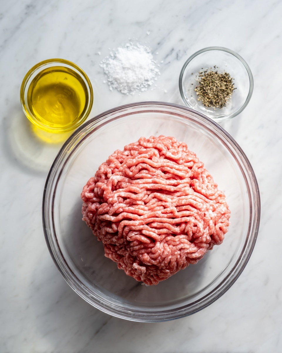 A clear glass bowl in the center holds a large block of raw ground meat with a pinkish-red color and a slightly textured surface, showing indent lines. On the left side of the bowl, there is a small clear glass container filled with golden yellow oil. On the right side, a small clear glass bowl contains coarse white salt and ground black pepper. All items are placed on a white marbled surface. Photo taken with an iphone --ar 4:5 --v 7