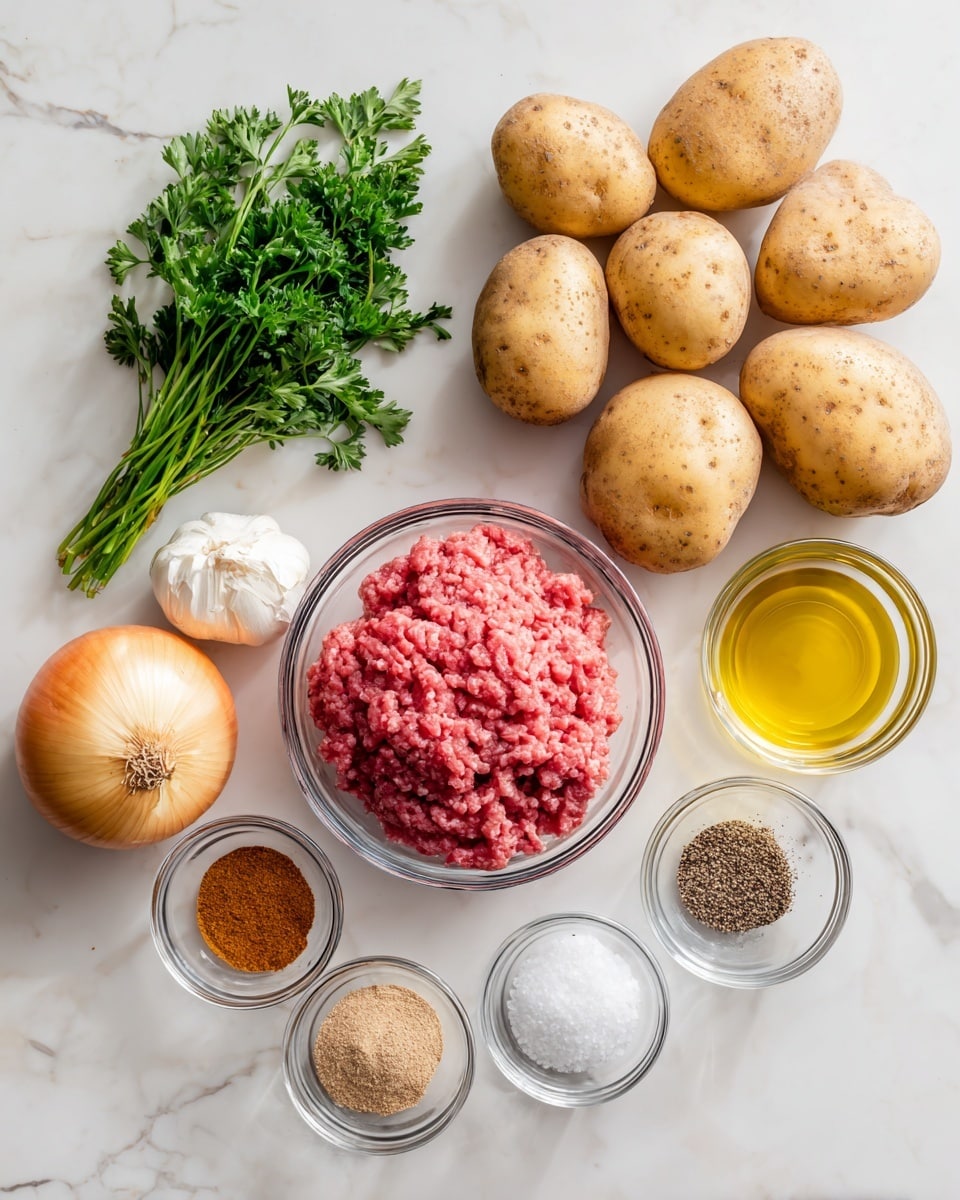 The image shows raw cooking ingredients arranged neatly on a white marbled surface. There are seven whole potatoes with light brown skin placed in a cluster at the top right. Below the potatoes is a clear glass bowl filled with bright pink ground meat with a coarse texture. To the left of the meat, there is a yellow onion with dry skin and two small white garlic cloves. Above the onion, there is a bunch of fresh green parsley with long stems. Next to the parsley, a small glass container holds golden olive oil, and beside it is a small glass bowl filled with white salt. At the bottom left, there is a small glass bowl containing three piled spices in brown, beige, and reddish-orange colors. Finally, a small glass bowl with ground black pepper is placed near the center. Photo taken with an iphone --ar 4:5 --v 7