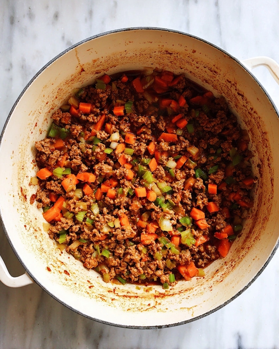 A large white pot filled with cooked ground meat mixed with small pieces of orange carrot, light green celery, and white onion, all evenly spread in one layer. The inside of the pot shows slight browning and oil marks from cooking. The pot is placed on a white marbled surface. photo taken with an iphone --ar 4:5 --v 7