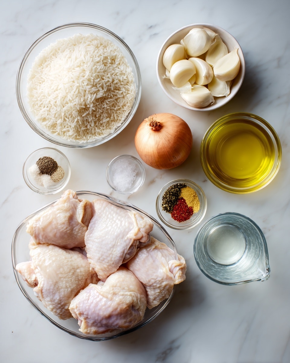 A white marbled surface holds eight clear glass bowls arranged neatly. In the largest bowl on the right, there are five raw pale pink chicken thighs with smooth skin and some visible fat. Next to it on the left, a medium bowl is filled with uncooked long-grain white rice, showing a soft texture and a slight shine. Above the rice, a small bowl holds several whole peeled garlic cloves, creamy white and smooth. Near the top center, a whole brown onion with a round shape and papery skin sits by itself. To the right of the onion, a small bowl contains six distinct spices carefully separated in sections by color: dark red, yellow, green, black-and-white, and other earthy tones. Adjacent to this bowl, a very small bowl holds coarse black pepper and white salt. Below, a clear measuring cup with water reflects light softly. At the far right corner, a small clear glass bottle filled with light yellow cooking oil completes the setup. The photo taken with an iphone --ar 4:5 --v 7