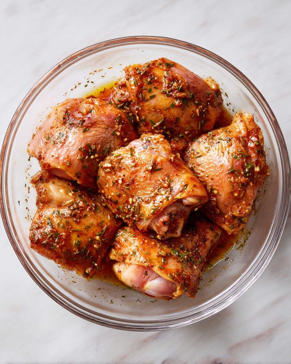 A clear glass bowl filled with six pieces of raw chicken thighs covered in a reddish-brown marinade that has visible herbs and spices coating the chicken evenly. The marinade looks wet and slightly oily, with a rich color that contrasts against the pale pink chicken skin beneath. The bowl sits on a white marbled surface, and the image is shot from above, showing the chicken pieces piled closely together in the bowl. photo taken with an iphone --ar 4:5 --v 7