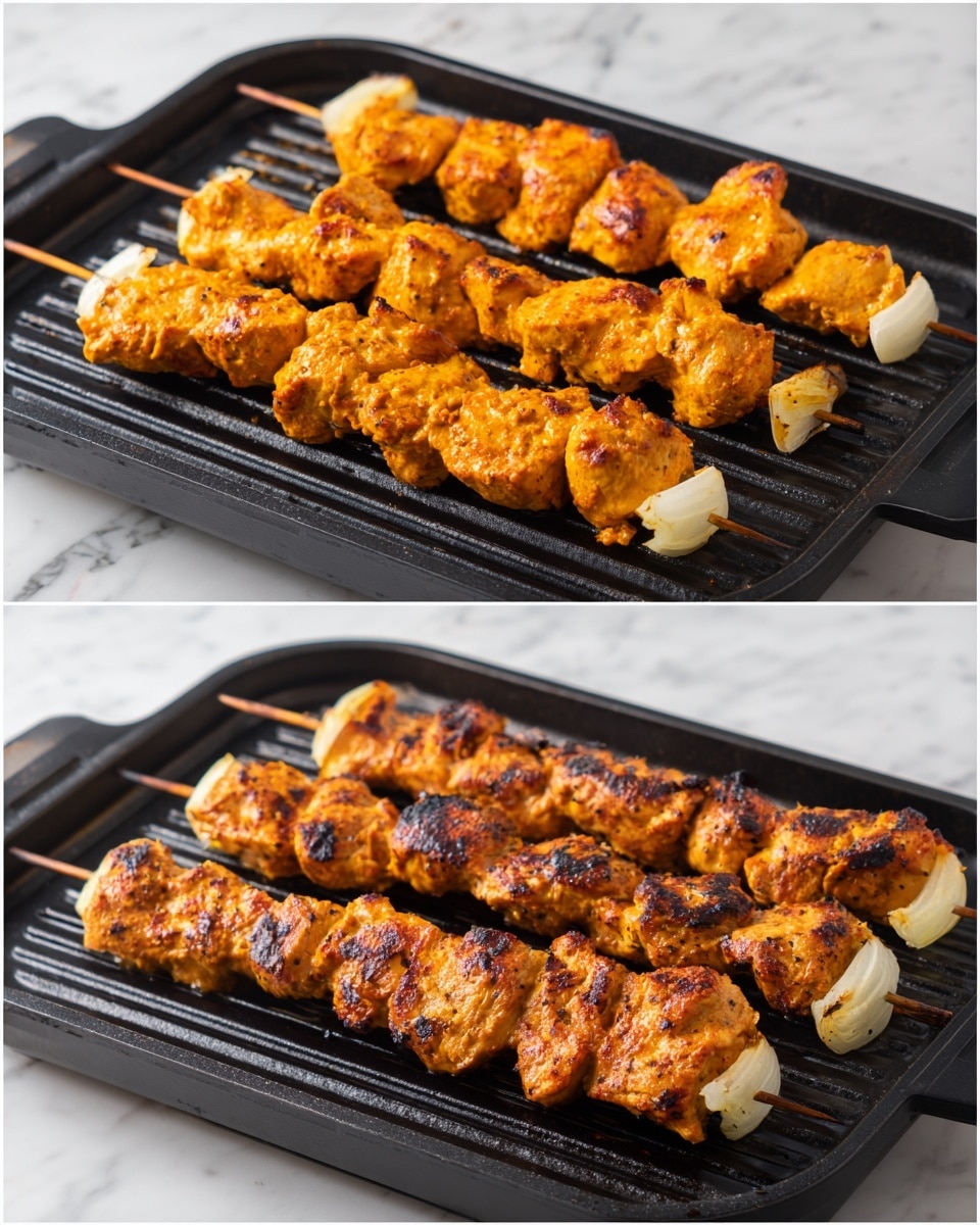 The image shows two views of four skewers with grilled chicken pieces and onion slices on a black grill pan. Each skewer has three pieces of orange-brown chicken, which look cooked with some char marks and a slightly crispy surface. Between the chicken pieces, there are small chunks of white onion. The grill pan has ridges, and the chicken pieces sit directly on them. The first view shows the chicken before grilling, with a lighter orange color and smooth texture, while the second view shows the chicken after grilling, with darker, charred spots and a rougher texture. The background surface is a white marbled texture. photo taken with an iphone --ar 4:5 --v 7