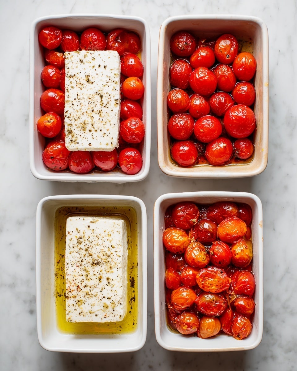 Three white rectangular baking dishes on a white marbled surface show the cooking stages of a tomato and cheese dish. The first dish is filled with bright red cherry tomatoes spread evenly, glistening with olive oil and sprinkled with black pepper. In the second dish, a square block of pale white cheese sits in the center, surrounded by the same shiny cherry tomatoes, with oil drizzled on top of the cheese and some pepper sprinkled over both cheese and tomatoes. The third dish presents the baked version; the tomatoes are softened and slightly wrinkled with a deeper red-orange tone, while the cheese has browned lightly on top with more visible pepper and oil around it. photo taken with an iphone --ar 4:5 --v 7