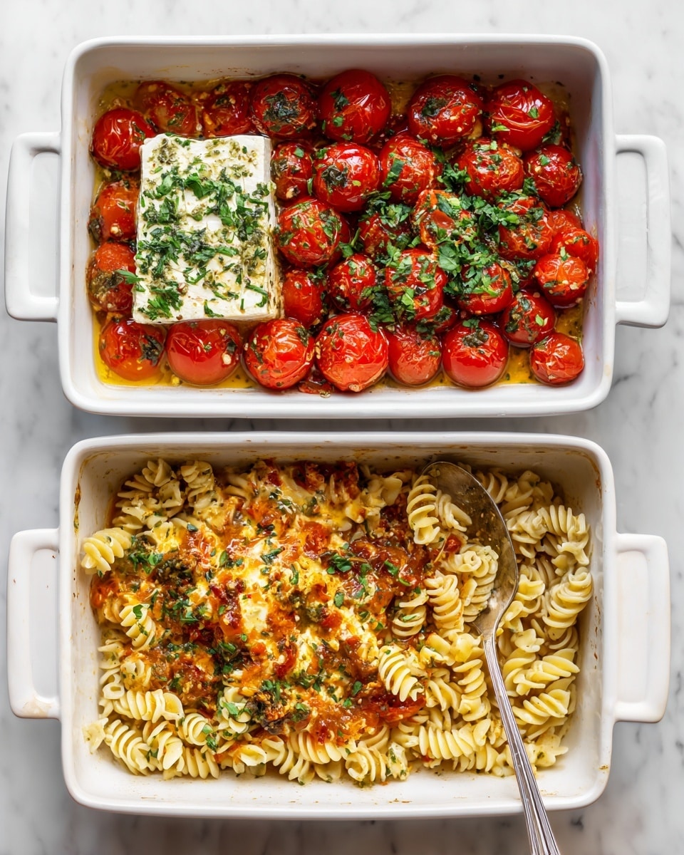 The image shows three stages of a baked feta pasta dish in a white rectangular baking dish against a white marbled surface. The first stage displays a single block of white feta cheese in the center, surrounded by bright red whole cherry tomatoes and topped with fresh green chopped herbs. The second stage shows the block of feta softened and mixed with the burst tomatoes and herbs, creating a creamy, oily orange and white sauce with visible herbs and softened tomato skins. The third stage reveals the same dish mixed with curly cooked pasta, where the pale yellow pasta curls are coated with the creamy tomato-feta sauce and dotted with bits of red tomato and green herbs, with a spoon resting inside the dish. Photo taken with an iphone --ar 4:5 --v 7