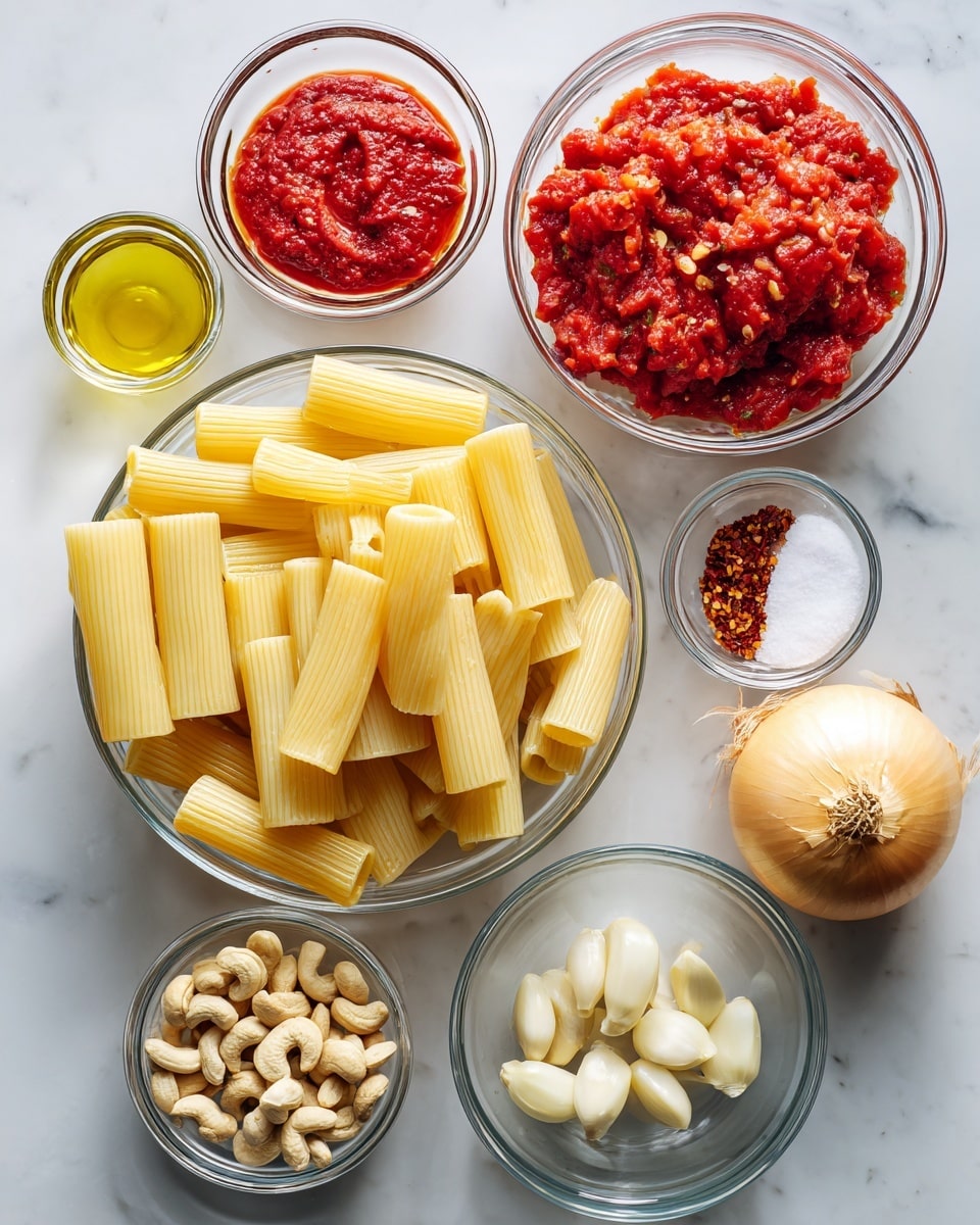 The image shows a white marbled surface with seven ingredients neatly arranged. In the center, there is a clear glass bowl filled with uncooked rigatoni pasta tubes, which are pale yellow and have a smooth texture with ridges. To the upper right is a larger clear glass bowl filled with a chunky red tomato mixture with visible pieces of tomato. To the right of that is a small clear glass bowl containing white salt and red chili flakes. Below it is a clear glass bowl filled with light beige cashew nuts. In the bottom center, there is a small clear glass bowl holding three peeled garlic cloves, which are smooth and white. To the right of the center pasta bowl is a whole yellow onion with its skin partially peeled off. On the left side of the image are two small clear glass bowls; one contains a thick red tomato paste and the other holds golden yellow olive oil in a small glass container with a spout. The overall layout is tidy and well-lit. Photo taken with an iphone --ar 4:5 --v 7