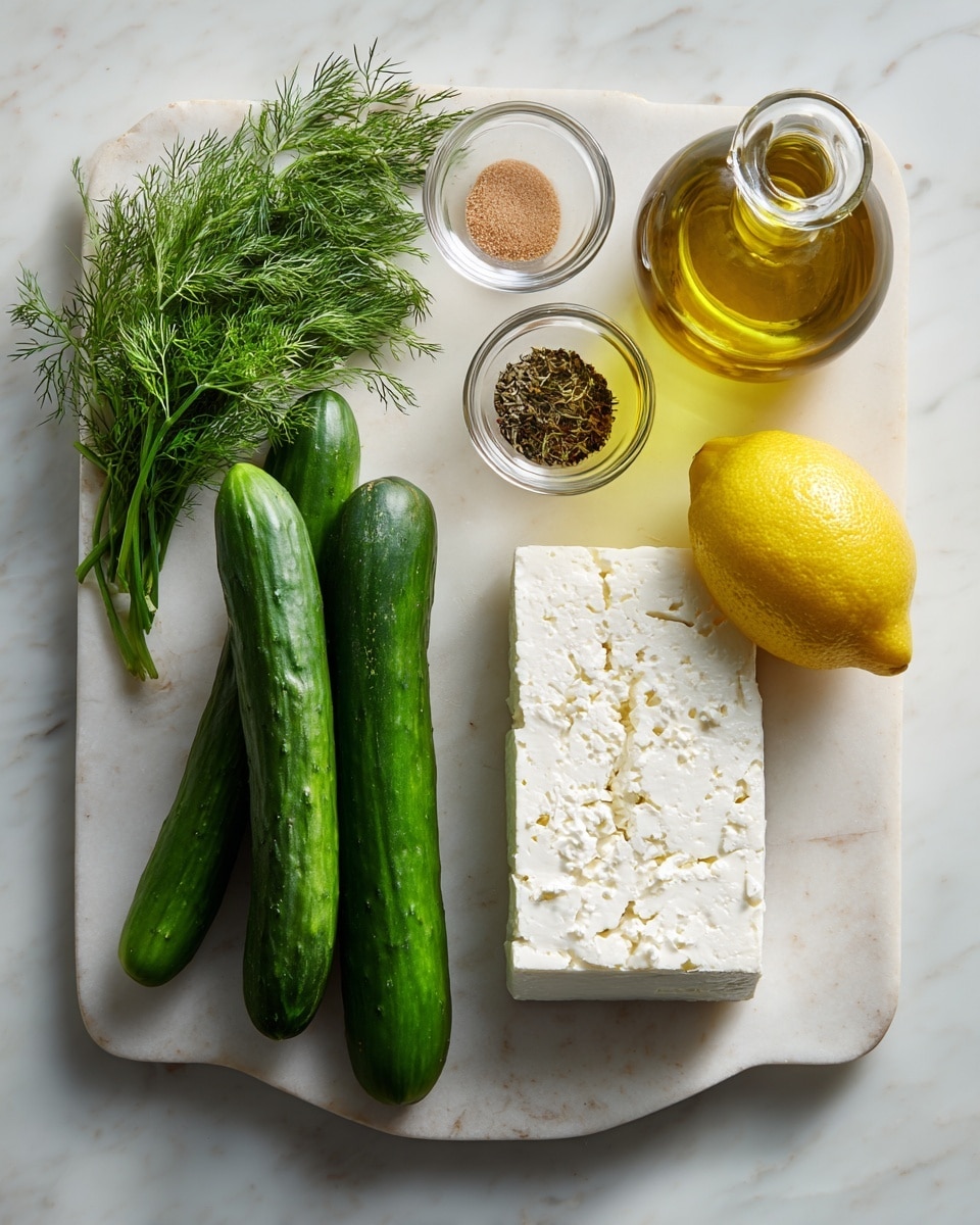 A white marbled surface holds fresh ingredients arranged neatly: two long, dark green cucumbers lay side by side at the bottom; above them, a bright green bunch of dill rests on the left. To the right, a small clear glass bowl with light brown liquid and another small clear glass bowl with coarse black pepper sit next to each other. Further to the right, a glass bottle filled with golden olive oil stands upright, beside a whole bright yellow lemon. A white plate holds a large block of white feta cheese with small holes, positioned near the lemon. photo taken with an iphone --ar 4:5 --v 7