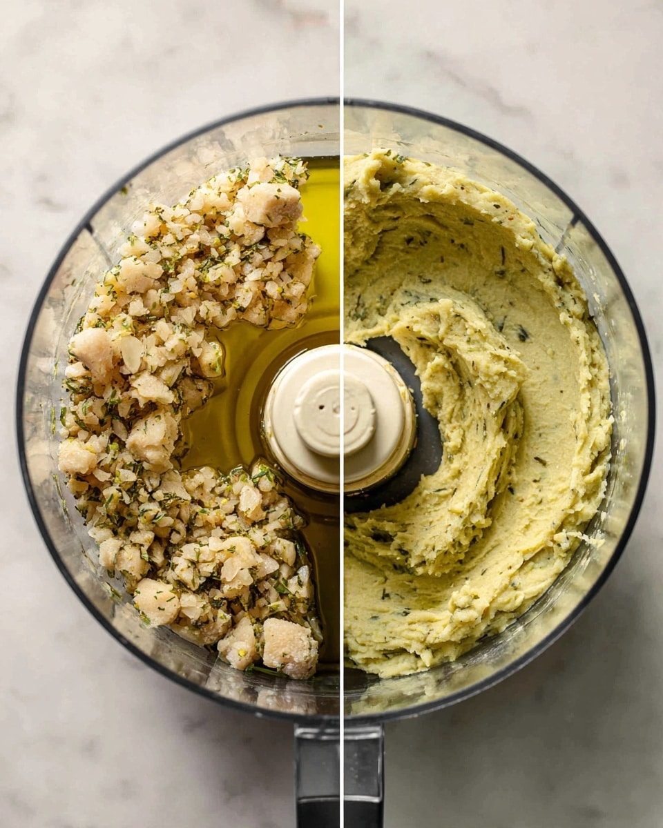 The image shows two clear food processor bowls side by side on a white marbled surface. The left bowl contains a mixture of coarse, pale beige chunks with green herb flecks scattered throughout, and golden olive oil is being poured on the mixture. The right bowl shows the same contents blended into a smooth, creamy pale green paste with a soft texture, filling most of the bowl's base evenly. Both bowls have a central blade attachment visible in the middle. Photo taken with an iphone --ar 4:5 --v 7