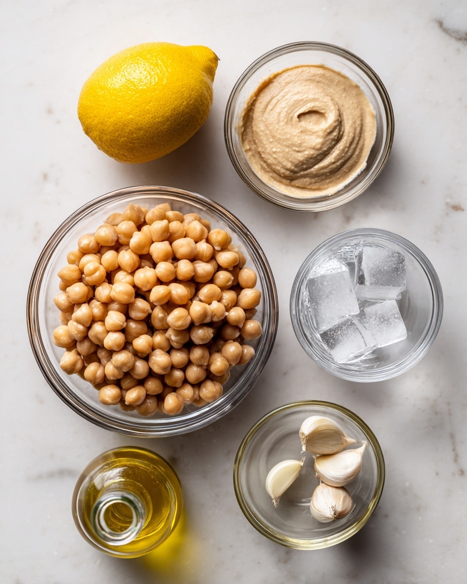 A top view of several glass bowls containing ingredients to make hummus, arranged on a white marbled surface. The largest bowl in the center is filled with light brown chickpeas with a smooth, round texture. To the left of this bowl is a smaller glass bowl holding a creamy, beige tahini sauce with a smooth surface. Above the tahini is a bright yellow lemon with a slightly rough peel. To the right of the chickpeas, there are three small glass containers: one with coarse white salt, one with two garlic cloves that are smooth and creamy white, and one bowl filled with clear water and two ice cubes showing slightly frosted edges. Below these is a small glass bottle of olive oil with a golden yellow color. All the items are neatly spaced out, showcasing their natural textures and colors clearly. Photo taken with an iphone --ar 4:5 --v 7
