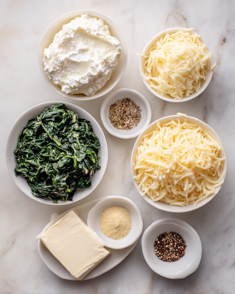 The image shows six small white bowls placed on a white marbled surface, each containing different ingredients. One bowl holds a large scoop of white ricotta cheese with a soft and fluffy texture, another has a block of smooth white cream cheese. There is a bowl filled with shredded pale yellow mozzarella cheese and another containing finely grated light yellow Parmesan cheese. A larger bowl in the center contains dark green chopped spinach with a slightly wet texture. The last small bowl is divided into four sections holding four kinds of spices: light beige, white, yellowish powder, and black pepper flakes. The bowls are arranged neatly in a loose circle, all clearly visible from a top-down view. Photo taken with an iphone --ar 4:5 --v 7