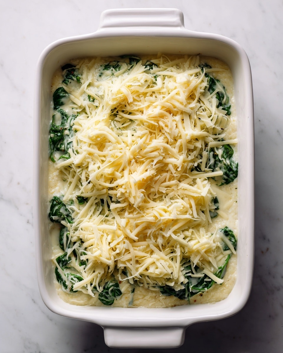 The image shows a white rectangular baking dish filled with two visible layers. The bottom layer is creamy with a grainy texture and mixed with chopped green spinach spread evenly inside the dish. On top of this layer is a generous amount of shredded pale yellow cheese scattered loosely, covering the spinach layer almost completely. The dish is placed on a white marbled surface. photo taken with an iphone --ar 4:5 --v 7