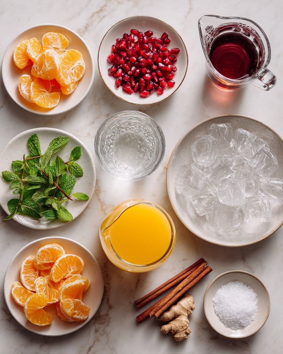 The image shows a top-down view of various ingredients arranged on a white marbled surface. There are ten small white plates and glass containers, each holding different items: a small bowl of orange wedges at the top left, a bowl of bright red pomegranate seeds next to it, a clear glass cup with water above the center, and a small white jug filled with dark red liquid on the top right. Below, there is a white plate filled with clear ice cubes to the right, and a small bowl with white granulated sugar near the bottom right. In the center, there is a glass jug with bright orange juice. On the left side, there is a white plate with fresh mint sprigs and another small plate with circular slices of orange in the middle. Near the center right, a bowl holds two cinnamon sticks and sliced ginger. All items are neatly placed and evenly spaced on the white marbled surface, giving a clean and organized look. photo taken with an iphone --ar 4:5 --v 7