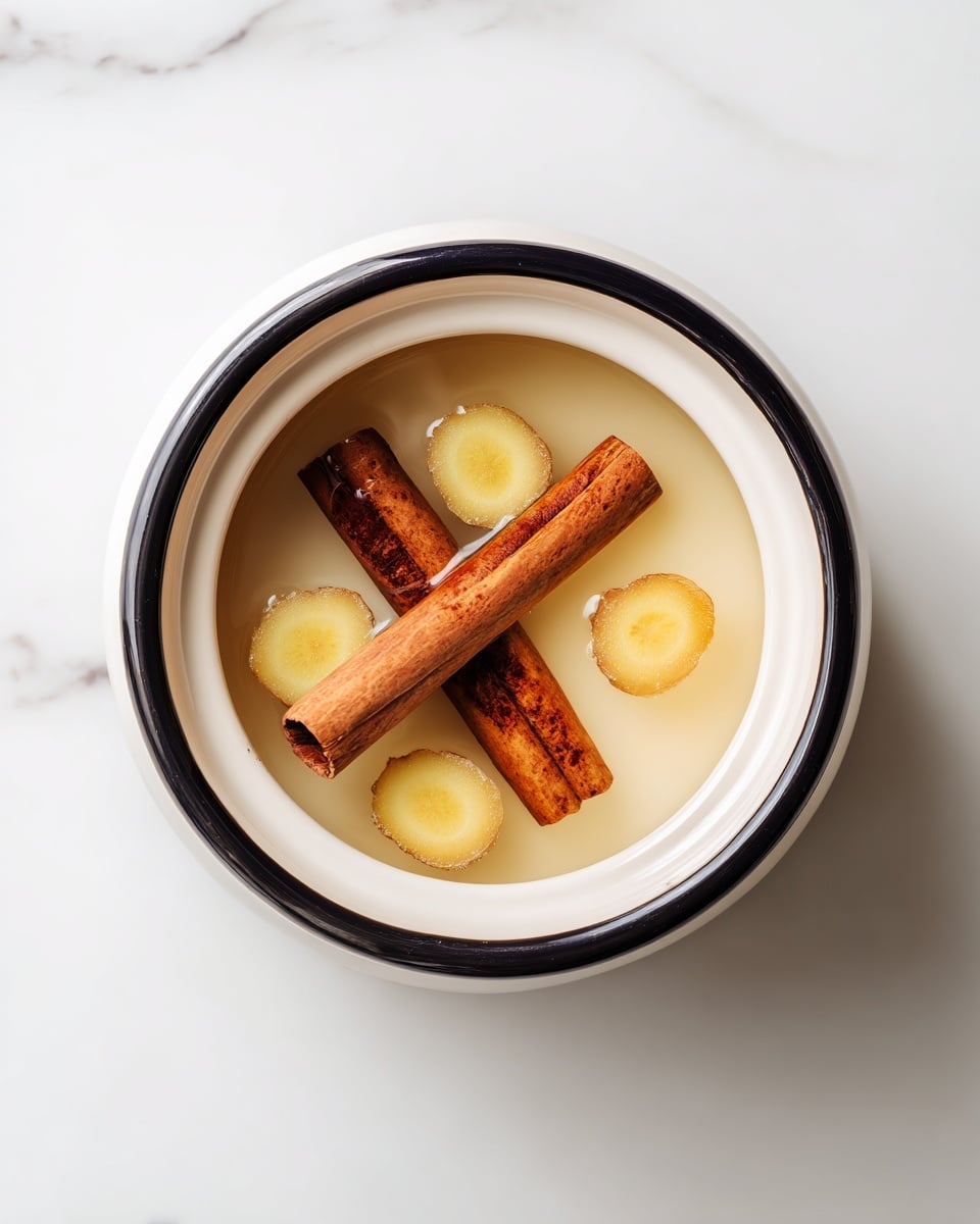 A white pot with a black rim is shown from above, sitting on a white marbled surface. Inside the pot, there are two brown cinnamon sticks crossed at the center. Surrounding the cinnamon sticks are four small round slices of ginger, light yellow with golden-brown edges, spaced evenly around the cinnamon. The inside of the pot is smooth and cream-colored, creating a clean and simple look. photo taken with an iphone --ar 4:5 --v 7