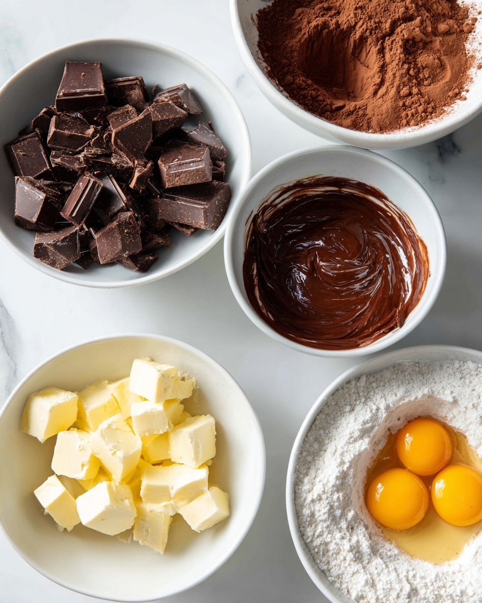 In a series of white bowls set on a white marbled surface, the first bowl contains chunks of dark chocolate and small cubes of pale yellow butter mixed together. The second bowl shows a smooth melted chocolate layer, glistening and thick, while above it, another bowl holds a dry mix of cocoa powder and white flour in a light brown and white powder mix. To the right, a third bowl contains two eggs with bright orange yolks, a heap of light brown sugar, syrup, and white wet ingredients together. The bowls are all gently rounded and filled with different baking stages, captured clearly in soft natural light, photo taken with an iphone --ar 4:5 --v 7