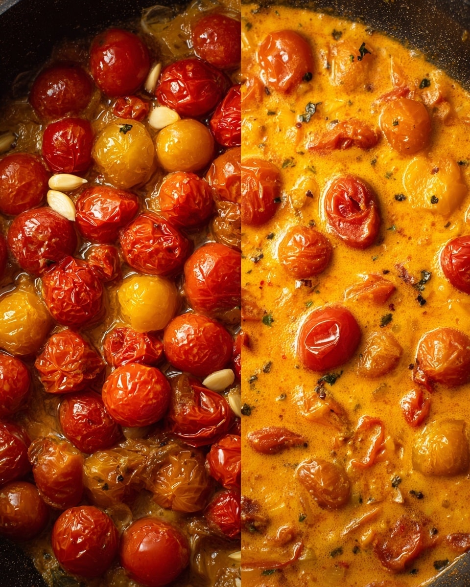The image shows two side-by-side close-up views of a cooking process. On the left side, there is a black pan filled with a layer of roasted small tomatoes in red and yellow shades, mixed with whole cloves of garlic that look soft and slightly browned. The tomatoes have a shiny, slightly wrinkled texture, indicating they are cooked. On the right side, a creamy sauce with an orange color takes up the whole pan, with several whole tomatoes visible through the sauce. The sauce has a smooth and thick texture with small bits of tomato and garlic mixed throughout, with the roasted tomatoes coated and partially submerged in the sauce. The surface is vibrant and visually rich, highlighting the warm and inviting look of the dish. Photo taken with an iphone --ar 4:5 --v 7